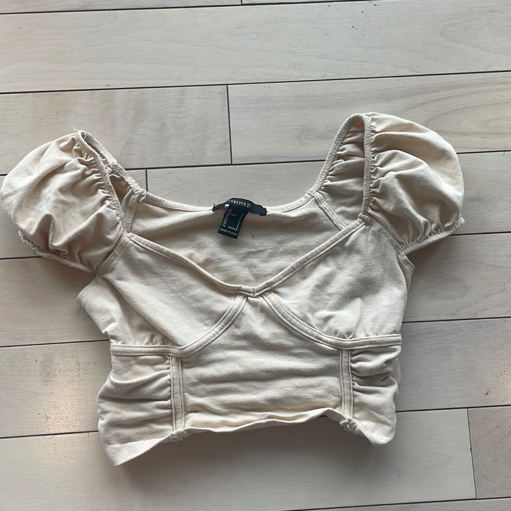 Forever21 cream colored ruffle crop top with puffy sleeves